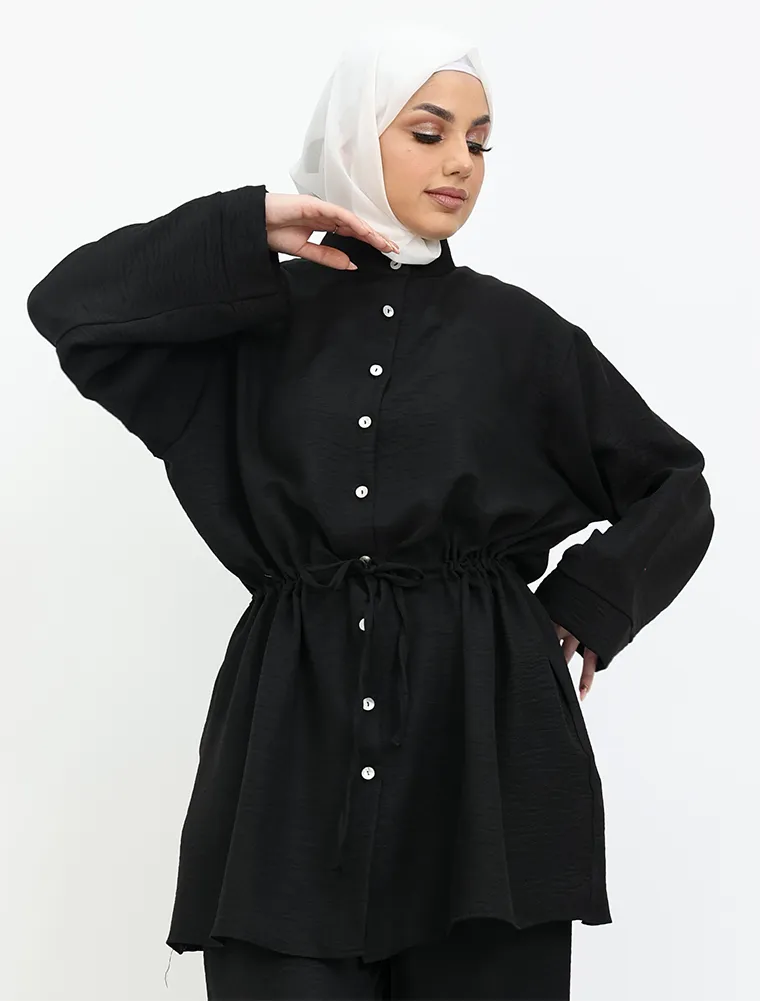 Black Linen Feel Drawstring Co Ord Set